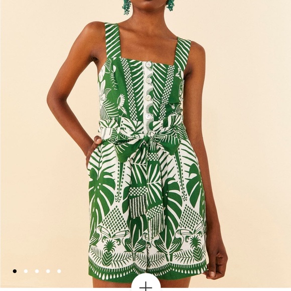 Farm Rio Macaw Elegance Romper Green Tropical Print Linen Blend Beaded Belt S - Picture 1 of 11